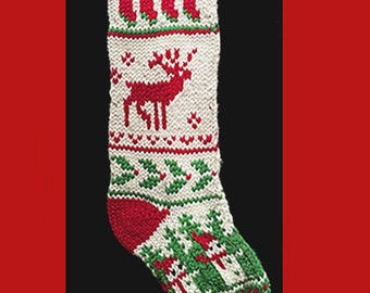 Hand knit Christmas stocking,  Personalized, made of pure wool yarn,  fully lined -- Reindeer, snowman and booties