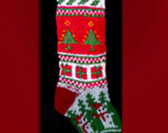 Hand knit Christmas stocking,  Personalized, made of pure wool yarn,  fully lined -- snowman, gift box, tree and holly