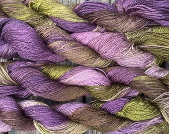 100% natural tsumugi silk, fingering weight, hand dyed purple and olive， 500 yards