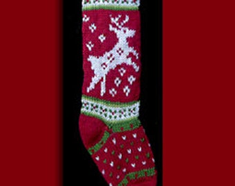 Hand knit Christmas stocking,  Personalized, made of pure wool yarn,  fully lined -- reindeer, holly and snowflake