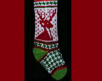 Hand knit Christmas stocking,  Personalized, made of pure wool yarn,  fully lined -- reindeer