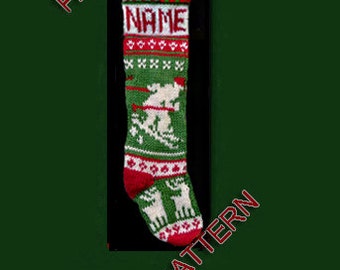 Pattern only, Hand knit Christmas stocking, -- Skier, deer and snowflake