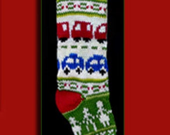 One hand knit Christmas stocking,  Personalized, made of pure wool yarn,  fully lined -- red car blue car and dancing figures