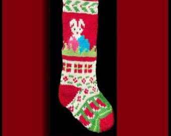 Hand knit Christmas stocking,  Personalized, made of pure wool yarn,  fully lined --  gift boxes, holly, booties and rabbit