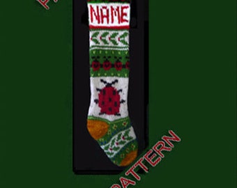 Hand knit Christmas stocking,  pattern only, ladybug and holly