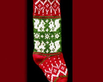 Hand knit Christmas stocking,  Personalized, made of pure wool yarn,  fully lined -- Squirrels and snowflakes