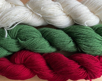 Pure wool sock yarn, sport weight --- white, green and red