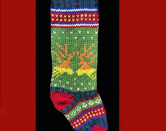 Hand knit Christmas stocking,  Personalized, made of pure wool yarn,  fully lined -- reindeers and snowflake