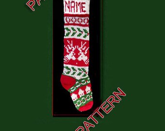Hand knit Christmas stocking,  pattern only,  --- holly leaf and reindeer head