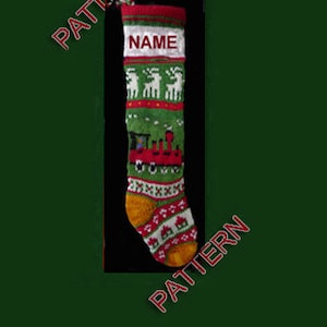 May include: A green, red and white knitted Christmas stocking with a red train, reindeer and the word "NAME" embroidered on the front.