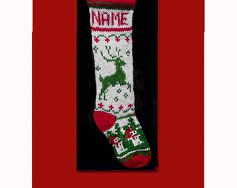 Hand knit Christmas stocking,  Personalized, made of pure wool yarn,  fully lined -- reindeer and wreath