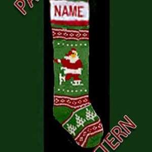 May include: A festive Christmas stocking in green and red, featuring a Santa Claus motif. The cuff is white with the word "NAME" in red. The stocking is patterned with trees and snowflakes.