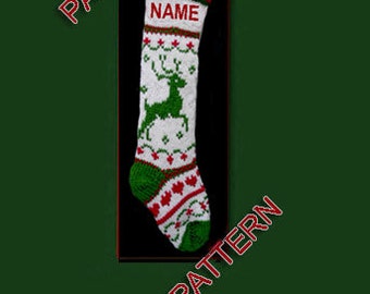 May include: A white Christmas stocking with a green reindeer design, red and green accents, and the word "NAME" at the top. The stocking is knit with a red and green cuff and toe, and a red and white patterned design.