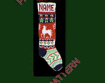 Hand knit Christmas stocking,  pattern only, horse, dancer, holly and snowflake