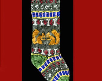 Hand knit Christmas stocking,  Personalized, made of pure wool yarn,  fully lined -- squirrels and snowflake