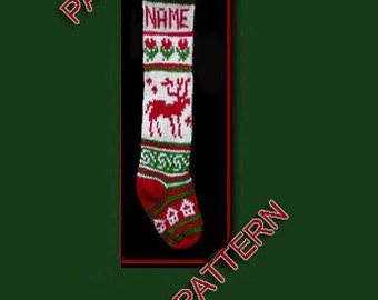 May include: A knitted Christmas stocking in red, white, and green. The design includes a reindeer, floral, and house pattern. The word "NAME" is displayed at the top of the stocking.