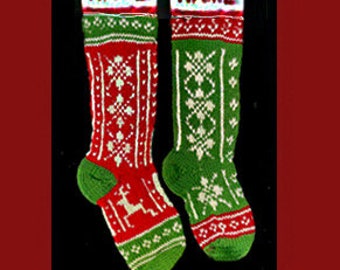 Set of 2 Hand knit Christmas stockings,  Personalized, made of pure wool yarn,  fully lined ~ snowflake