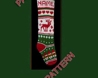 May include: A knitted Christmas stocking in red, white, and green. The design includes a reindeer, hearts, and houses. The word "NAME" is knitted into the top section of the stocking.