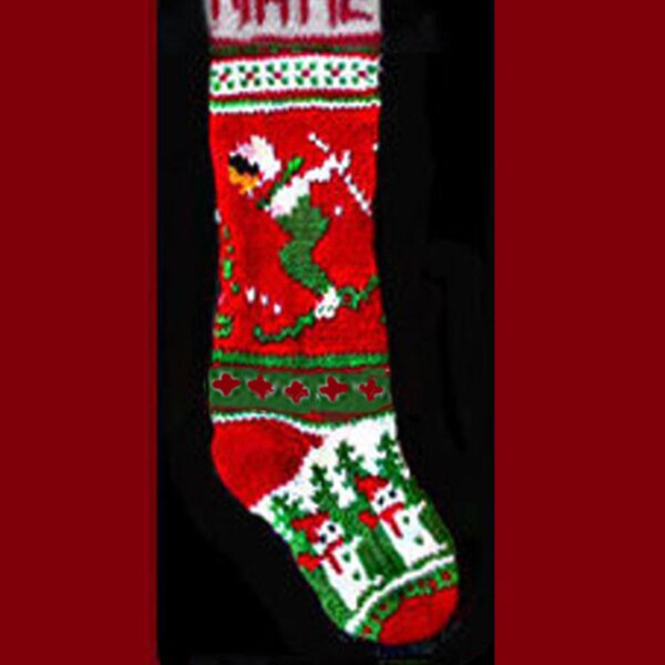Hand stricken Weihnachtsstrumpf, personalisiert, aus reinem Wollgarn, voll gefüttert - Schneemann, Stechpalme und Skifahrer