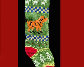 Hand knit Christmas stocking,  Personalized, made of pure wool yarn,  fully lined -- Dog, tree and snowflake