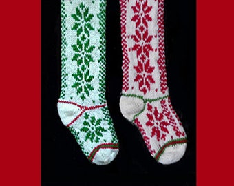 Set of 2 Hand knit Christmas stockings,  Personalized, made of pure wool yarn,  fully lined ~ snowflake