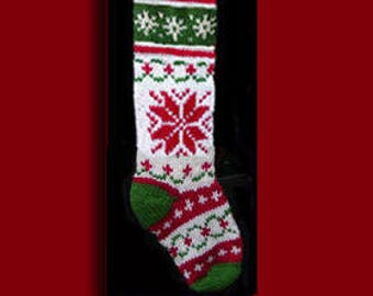 Hand knit Christmas stocking,  Personalized, made of pure wool yarn,  fully lined --  snowflake and wreath