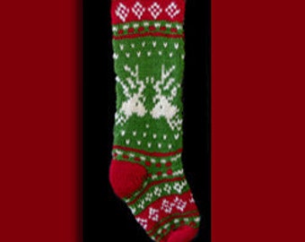 Hand knit Christmas stocking,  Personalized, made of pure wool yarn,  fully lined -- reindeer and snawflake