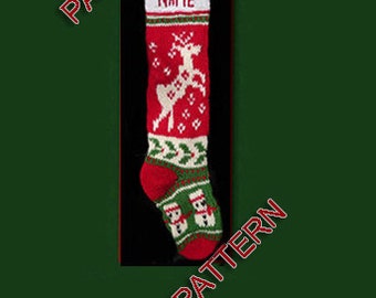 May include: Red and green knitted Christmas stocking with a white reindeer and snowman design. The stocking has the word "NAME" embroidered on it.