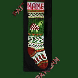 Hand knit Christmas stocking,  pattern only, turtle, holly, snowflake and booties