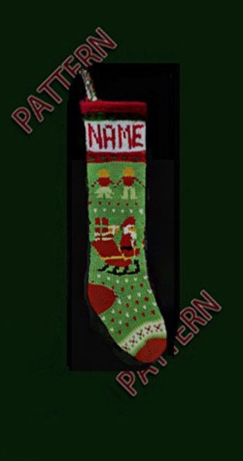 Pattern only, hand knit Christmas stocking Santa on the sleigh, boy and girl image 1