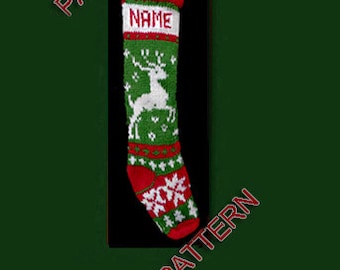 Hand knit Christmas stocking,  pattern only, reindeer, snowflake and tree