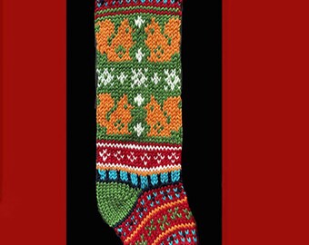 Hand knit Christmas stocking,  Personalized, made of pure wool yarn,  fully lined -- Four golden squirrels
