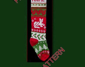 Pattern only  ---  Hand knit Christmas stocking, cat, holly, snowflake and tree