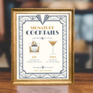 Znak Signature Drink, Znak Signature Cocktail, Menu koktajlowe Art Deco, Szablon Signature Drink, Menu baru weselnego, Koktajle dla niego i dla niej