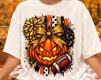 Spooky Football Png, Halloween Jack O Lantern Sublimation Design, Glitter Bow Football Sports Art, Spooky Season Shirt Png, Digital Download