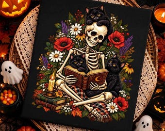 Skeleton Reading Png, Black Cat Png, Book Lover Png, Halloween Png, Cottagecore Skeleton Png, Bookish Shirt Design, Spooky Season Png