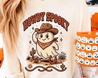 Howdy Spooky PNG, Western Ghost Cowboy DTF Sublimation Design, Retro Country Halloween Digital Download, Commercial Use Shirt Clipart