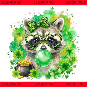 May include: A watercolor illustration of a raccoon with heart-shaped glasses and a bow, all in green leopard print. The raccoon is blowing a green bubble and surrounded by shamrocks and a pot of gold.