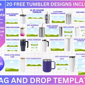 Könnte beinhalten: Eine Grafik mit 20 kostenlosen Becherdesigns. Die Designs umfassen verschiedene Größen und Stile von Bechern, darunter gerade, schlanke, gebogene und dicke. Die Becher sind alle weiß vor einem grünen und blauen Hintergrund. Der Text "20 KOSTENLOSE BECHERDESIGNS INKLUSIVE" befindet sich oben auf der Grafik. Der Text "ZIEHEN UND ABLEGEN VON VORLAGEN" befindet sich unten auf der Grafik.
