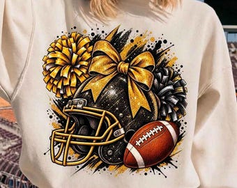 Black And Gold Football Png, Sports Mom Glitter Bow Sublimation, Game Day Pom Poms Design, Football Helmet Shirt Png, Digital Download