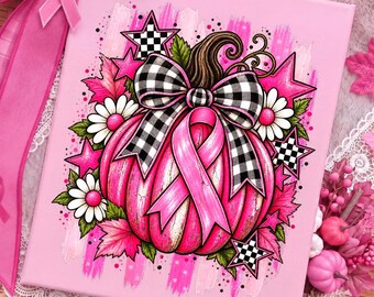 Pink Pumpkin Png, Breast Cancer Awareness Sublimation Design, Checkered Bow Pumpkin Art, Fall Awareness Shirt Png, Digital Download