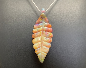 Large handmade glass leaf feather pendant necklace with chain