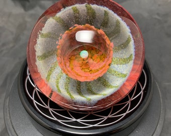 3.3” handmade borosilicate crucible triple dipped glass marble with opal sphere and UV reactive double vortex and exterior wrap and rake