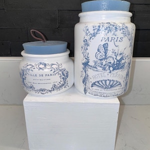 french country set of 2 jars, decorated bottles.shabby chic kitchen decor, farmhouse.
