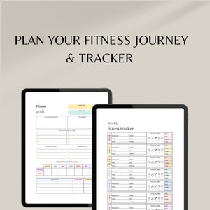 May include: Printable fitness planner with a pink, yellow, and blue color scheme. The planner includes sections for fitness goals, weekly fitness tracker, and measurements goals. The text on the planner says "Plan Your Fitness Journey & Tracker" and "35+ Page Printable Bundle".