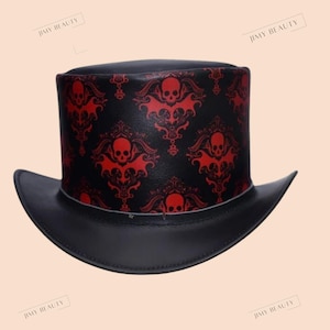 Handmade Gothic Vintage Steampunk Black Red victorian Leather Top Hat with Red Skull Design best Gift for Men Women Perfect for Costumes