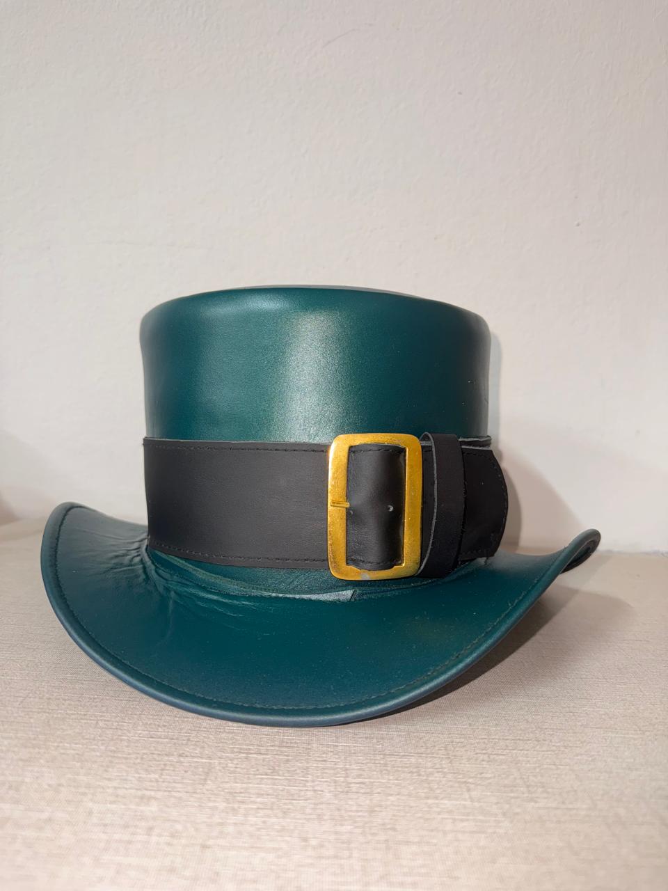 Handcrafted Green Hat With Black Band With a Golden Buckle 