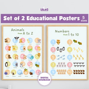 Animal Alphabet and Number Print, ABC number poster, Printable wall art, Playroom wall, educational art, abc digital poster, kids room decor