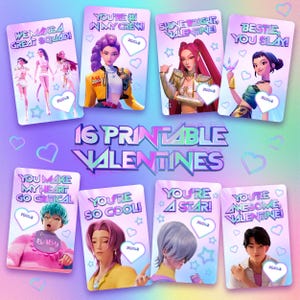 以下が含まれることがあります： さまざまなメッセージとイラストが描かれた、16枚の印刷可能なバレンタインデーカードのコレクション。カードには、「You're #1 in my crew!」や「Bestie, you slay!」などのフレーズを含む、カラフルなグラフィックとテキストが使用されています。全体的なテーマはモダンで活気に満ちています。