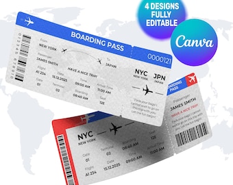 Modèle de billet d'avion modifiable, révélation de voyage surprise (toile, téléchargement immédiat)